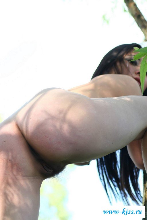 Обнаженная девушка лазит по деревьям