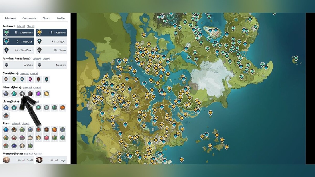 Карта Геншин Импакт с ресурсами