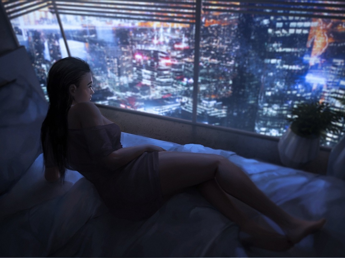 Девушка у окна город