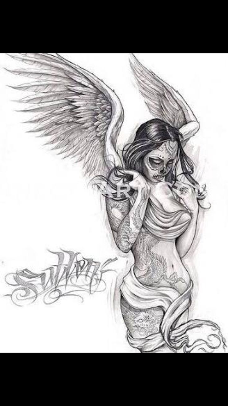 Эскиз тату девушка с крыльями