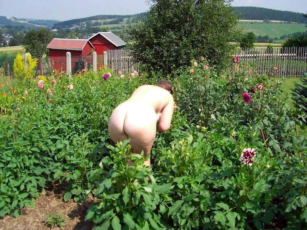Голые женщины на даче в огороде