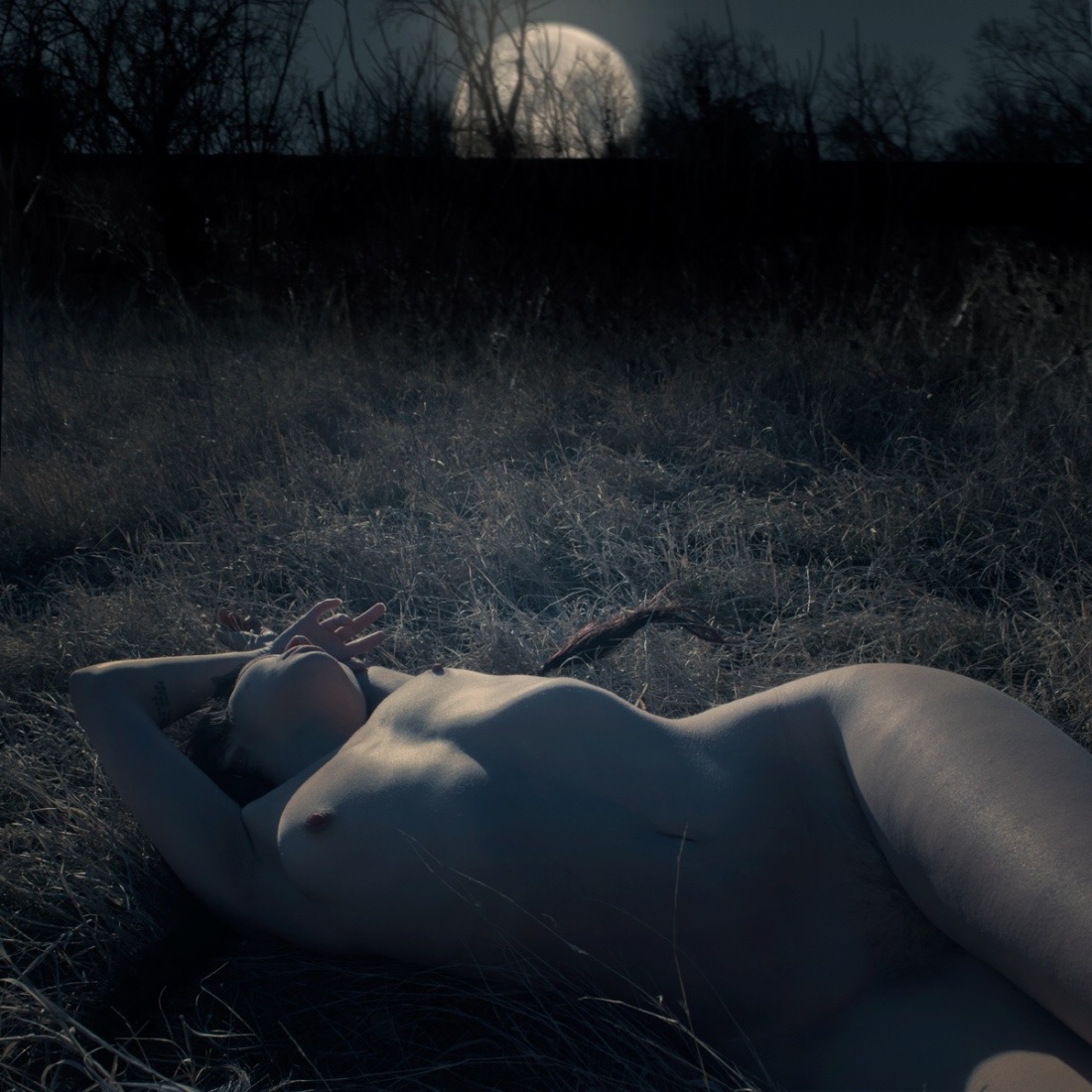Голая женщина ночью в лесу